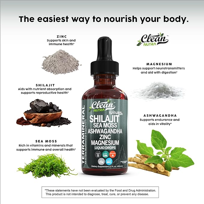 Shilajit Liquid Drops with Sea Moss, Ashwagandha, Zinc, Magnesium, Liquid Vitamins for Women and Men - Terra Mineral by Clean Nutra - 2Pack