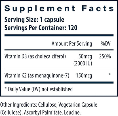 Vital Nutrients Vitamin D3 + K2 | 2000 IU | Vitamin D3 K2 Supplement | Vitamin D Complex for Healthy Calcium Levels, Muscle & Bone Health | Gluten, Dairy, Soy Free | 120 Capsules