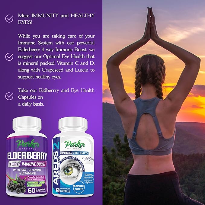 Organic Elderberry Capsules, 4-Way Immune Boost, Vitamins C, D, and Zinc Support, 1260.1 mg Elderberry Supplements for Adults, 60 Capsules