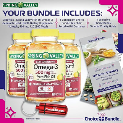 Spring Valley Fish Oil Omega 3 Fatty Acid Supplement Lemon Softgels 500 mg 120 Ct 3 pk (360 Total) + Vitamin Guide and Pill Container (5 Items)!