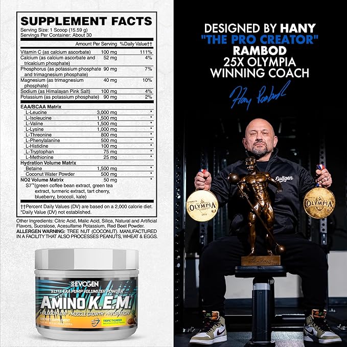 Evogen Amino K.E.M. - EAA & BCAA Powder Pump Volumizer | BCAAs Amino Acids Supplement for Blood Flow, Muscle Growth, & Hydration | Tropic Thunder | 30 Servings