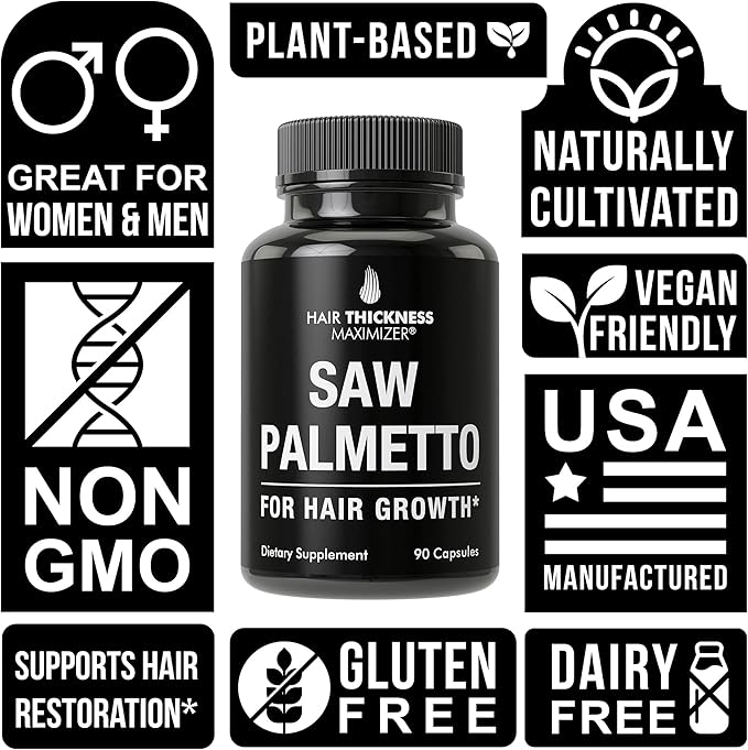 Saw Palmetto for Hair Men and Women. Saw Palmetto Supplment to Support Hair Strength & Thickness. Non-GMO and Gluten Free Caspules