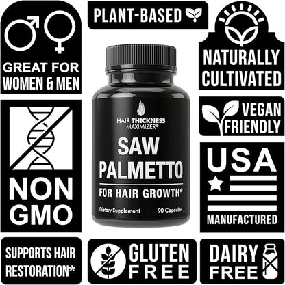 Saw Palmetto for Hair Men and Women. Saw Palmetto Supplment to Support Hair Strength & Thickness. Non-GMO and Gluten Free Caspules