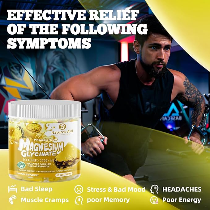 Magnesium Glycinate Soft Chews, Pineapple Flavor.Chewable Sugar Free Potassium Magnesium Chews with Magnesium Glycinate, Vitamin D, B6, and CoQ10 for Calm Support & Sleep for Adults, 60 Days Supply