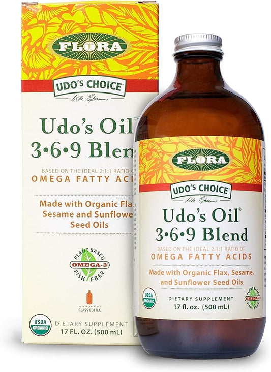 Flora - Udo's Choice Omega 369 Oil Blend, Made with Organic Flax, Sesame & Sunflower Seed Oils, Plant-Based Vegan Omega Fatty Acids, Based on Ideal 2:1:1 Ratio, 17-fl, oz. Glass Bottle
