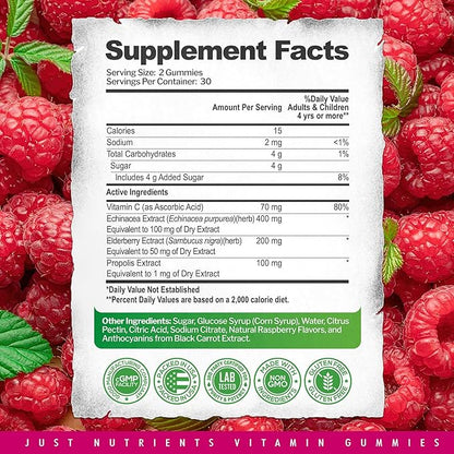 Elderberry Gummies with Vitamin C, Echinacea, Propolis (60 count) - Immune Support for Adults & Kids - Maximum Strength, Great Tasting Raspberry Flavor - Gluten-Free, Vegan - 60 Gummies