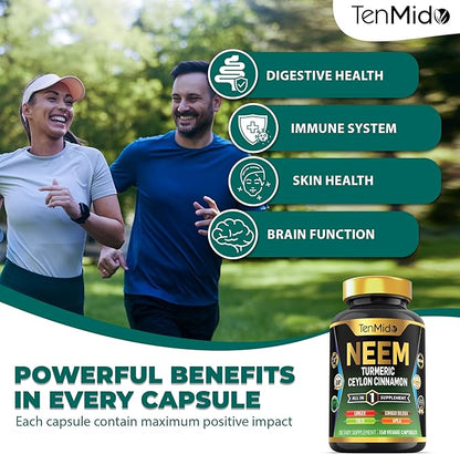 Neem Leaf Supplement - 8in1 Formula - Combine with Turmeric, Ceylon Cinnamon, Ginger, Tulsi, Ginkgo Biloba, Amla, and Black Pepper - Immune Health Support - 150 Vegan Capsules
