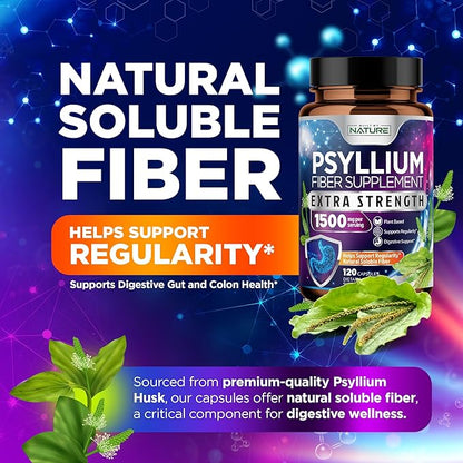Psyllium Husk Capsules 1500mg - Fiber Supplement - Natural Soluble Fiber Pills with Psyllium Husk Powder - Supports Digestive Gut and Colon Health - Non-GMO, Gluten-Free, Vegan - 120 Capsules