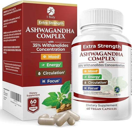 1 Body Ashwagandha Complex with Shoden® – Clinically Supported Stress Relief, Sleep, and Energy Support – Vegan, Non-GMO Supplements – 60 Capsules