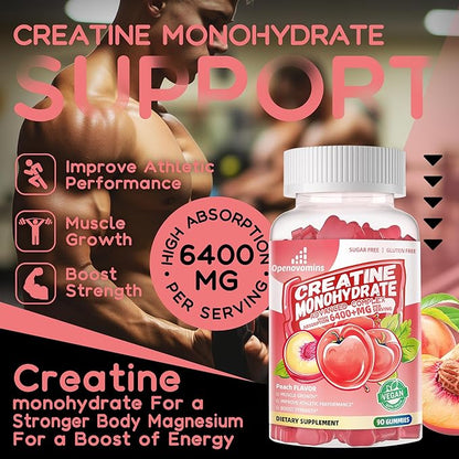Creatine Monohydrate Gummies Complex for Men & Women -Advanced Formula W/L-Taurine + Vitamin B12, Sugar Free Chewable Supplement,90 Peach Gummies