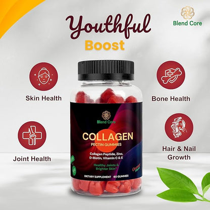 Collagen Gummies for Women & Men with D-Biotin, Vitamin C, E & Zinc - Gluten Free Collagen Peptides, Orange Flavor - Support Skin, Hair & Nail Health - 60 Gummies