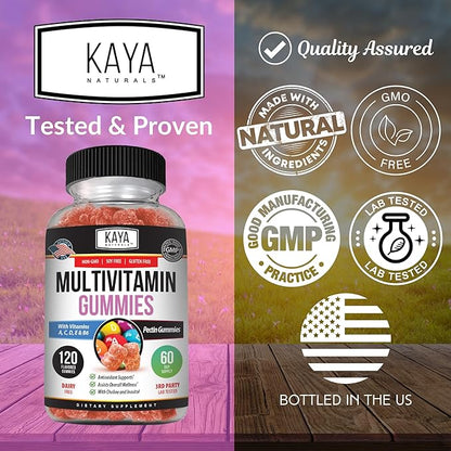 Kaya Naturals Adult Multi Vitamin Gummy, 120 Count, Biotin, Vitamin A, B-12, C & E, Including Zinc, Folic Acid, Strawberry Flavor (120 Gummies)