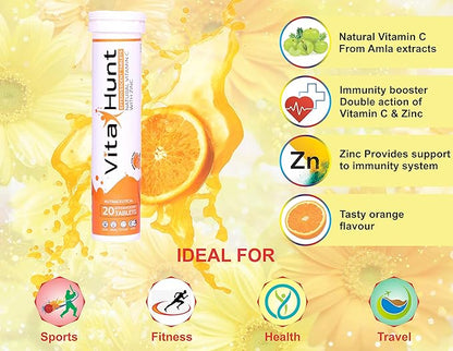 Vitamin C 1000 mg with Zinc- Antioxidants - Immune Support - 20 Effervescent Tablets - Orange Flavour