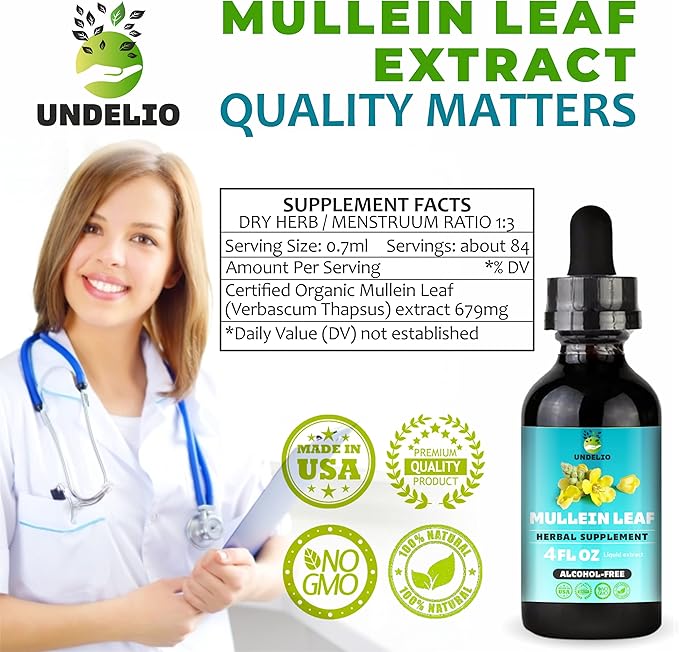 Undelio's Herbal Mullein Leaf Extract - Organic & Alcohol-Free Tincture for Respiratory, Lung, Sleep & Digestive Support - Non-GMO, Vegan - 4 fl. Oz for Immune Health & Lung Detox