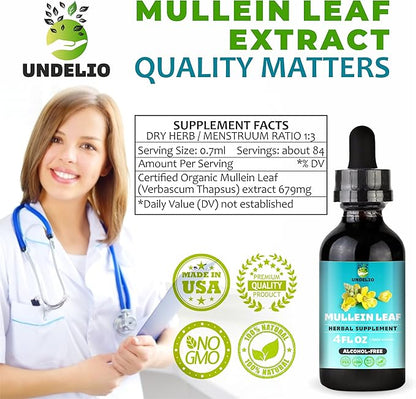 Undelio's Herbal Mullein Leaf Extract - Organic & Alcohol-Free Tincture for Respiratory, Lung, Sleep & Digestive Support - Non-GMO, Vegan - 4 fl. Oz for Immune Health & Lung Detox