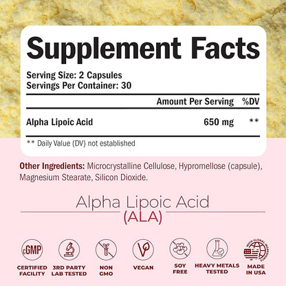 Alpha Lipoic Acid - ALA Nerve Support Supplement 650mg for Inflammation, Energy, Metabolism, Antioxidant & Aging Support. High Potency Alpha-Lipoic Acid - Vegan, Non-GMO. Made in the USA. 60 Capsules