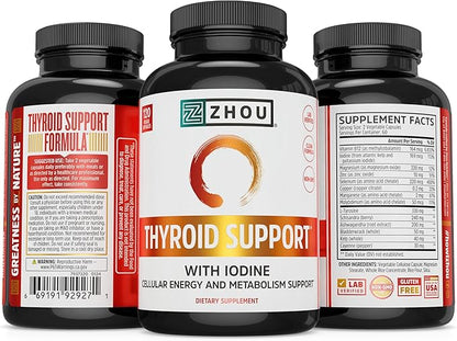 Zhou Thyroid Support - Thyroid Supplement for Women & Men with Zinc, Iodine & Selenium, Metabolic Health Thyroid Complex, Antioxidant Support with Aswagandha & Kelp - 120 Veggie Capsules