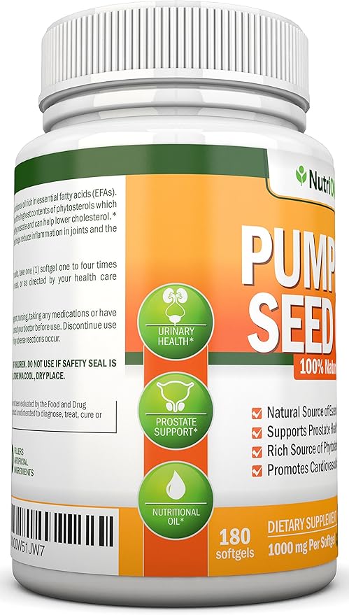 Pumpkin Seed Oil - 1000MG - 180 Softgels - Cold-Pressed Natural Pumpkin Seed Oil - Natural Source of Essential Fatty Acids - Great for Hair Growth, Prostate Health and GI Tract