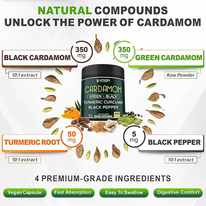 Bundle 7in1 Berberine HCl 97% 120 Count & 4in1 Cardamom Capsules 100 Count - Support Immune, Digestion, Heart Health, and Natural Wellness