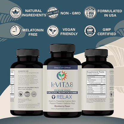 LeVITA8 Premium Reishi Mushroom Sleep Gummies - 100% Natural BlackBerry Flavor - Promotes Calm & Mood Balance for Deep Sleep - 1 Month Supply for Natural Sleep Aid Melatonin-Free
