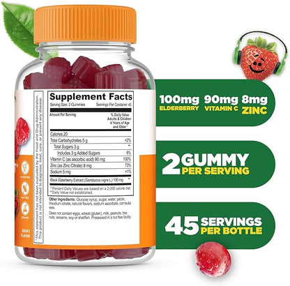Lifeable Kids Immune Support Gummies | Elderberry Vitamin C and Zinc | Great Tasting Immune Support Supplement Elderberry Gummies for Kids | Kids Elderberry Gummies for Boys, Girls | 90 Gummies