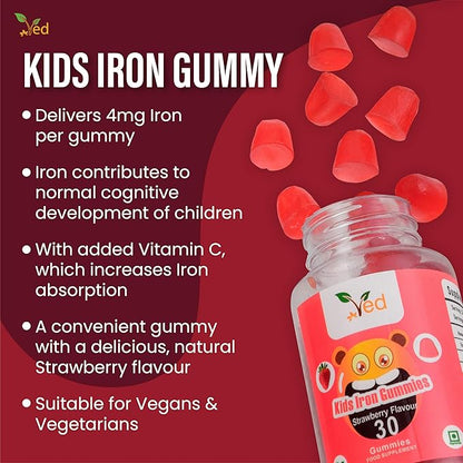 Ved Kids Iron Gummies for Iron Supplement, Energy & Immune System – Vegan - 15 Days Supply, 30 Chewable Kids Vitamins Gummies.(15 Days Supply)