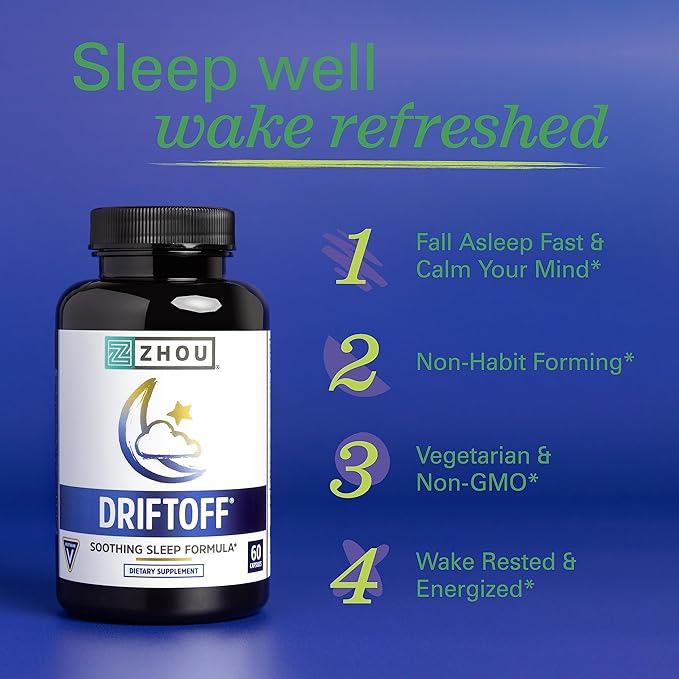 Zhou Drift Off Premium Sleep Aid with Valerian Root, Melatonin, GABA | Sleep Well, Wake Refreshed | 30 Servings, 60 Veggie Caps