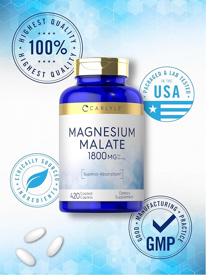Carlyle Magnesium Malate 1800mg | 420 Coated Caplets | Vegetarian, Non-GMO, Gluten Free Supplement