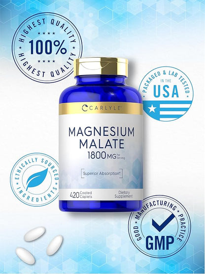 Carlyle Magnesium Malate 1800mg | 420 Coated Caplets | Vegetarian, Non-GMO, Gluten Free Supplement