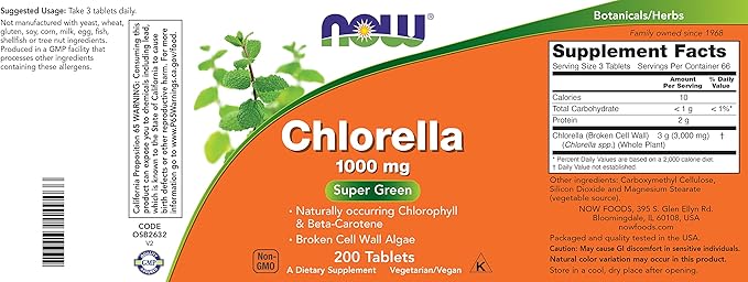 Now Chlorella 1000mg Tablets - 200 Count (Pack of 2) - Natural Occurring Chlorophyll, Beta-Carotene - Non-GMO, Vegan - Green Super Food Supplement for Women and Men