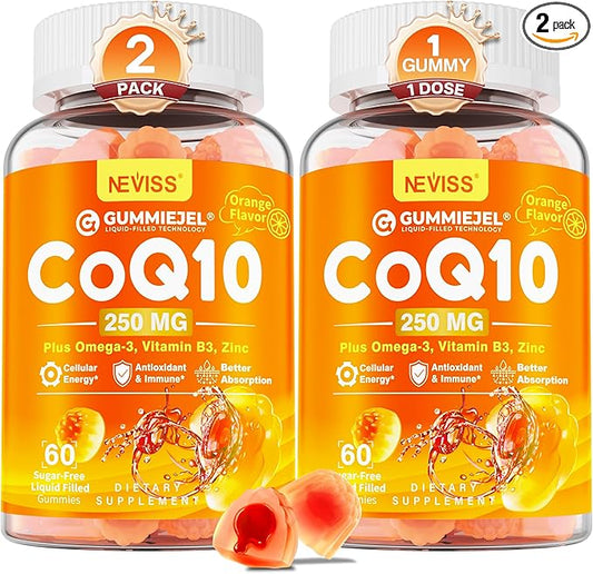 Sugar-Free CoQ10-250mg Filled Gummies - 4 Months Supply - Plus Omega-3, Vitamin B3 & Zinc, High Absorption Coenzyme Q10 Supplements for Heart Health, Cellular Energy & Antioxidant Support, 2-Pack