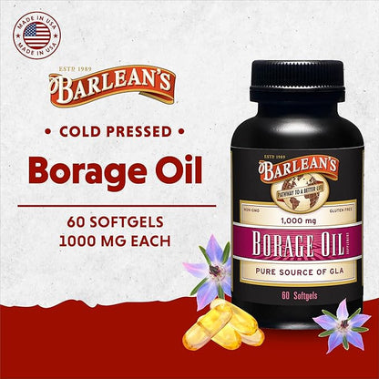 Barlean's Borage Oil Capsules, 1000mg Cold Pressed Pure Borage Seed Oil GLA Supplement, Omega 6 for Healthy Skin Joints and Bones and Brain Function, Non-GMO and PA Safe, 60 Count