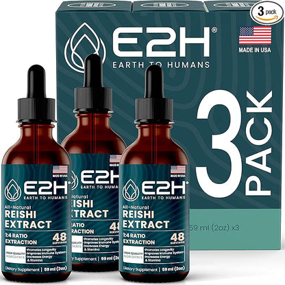 E2H Reishi Mushroom Extract - All-Natural Energy, Vitality and General Wellness Support from Advanced Mushroom Supplement - Reishi Mushrooms Supplement - Non-GMO, Vegan (3 Bottles)