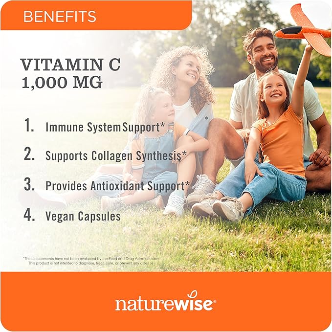 NatureWise Vitamin C 1000mg Capsules - Extra Strength Dietary Supplement for Daily Immune Support & Collagen Synthesis - Vegan, Non-GMO, Gluten Free - 120 Count[4-Month Supply]