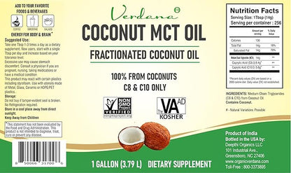 Verdana MCT Oil – 100% Coconut Derived – 1 Gallon - Kosher Food Grade – Vegan – NON GMO– Used for Keto, Paleo, Sports Nutrition, Aromatherapy, Massage, Ayurvedic Oil Pulling Oral Rinse Mouthwash