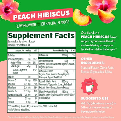 Amazing Grass Sweet Greens and Superfoods Powder for Digestive Health, Greens Powder, Digestive Enzymes, Probiotics, Spirulina, Chlorella, Peach Hibiscus, 30 Servings