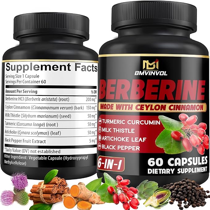 Berberine Supplement with Ceylon Cinnamon, Turmeric, Artichoke, Milk Thistle - Berberine HCl Supplement Pills - 60 Capsules [2-Month Supply]