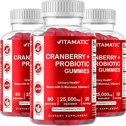 Vitamatic 2 Pack Vegan Cranberry Gummies with D-Mannose, Probiotic & Vitamin C for Women Urinary Tract Health - 25000mg Equivalent Per Serving (from 50:1 Extract 500 mg) - 60 Count