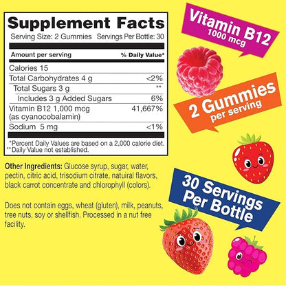 Vitamin B12 Gummies for Kids - Boost Energy, Improve Brain Function, and Strengthen Immune System - Non-GMO, Gluten-Free - Great Tasting Berry Flavor - Easy to Chew - 60 Gummies