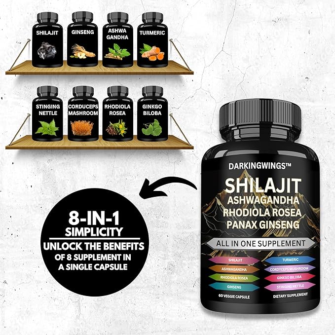 8-in-1 Shilajit 9000 Panax Ginseng 1500MG Ashwagandha 2000MG Rhodiola Rosea 1000MG, Turmeric 500MG, Gingko Biloba 500mg, Stinging Nettle 250MG, Cordyceps Mushroom 500mg for Full Body Power