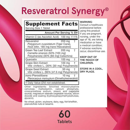 Jarrow Formulas® Resveratrol Synergy® 200 mg, Dietary Supplement, Heart Support, 60 Tablets, 60 Day Supply