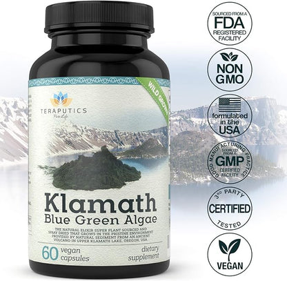 Premium Klamath Lake Blue Green Algae - More Powerful Than Spirulina and Chlorella Supplements | Pure Chlorophyll Rich SuperFood, Sourced from Organic Klamath Lake, 500mg, 60 Vegan Capsules