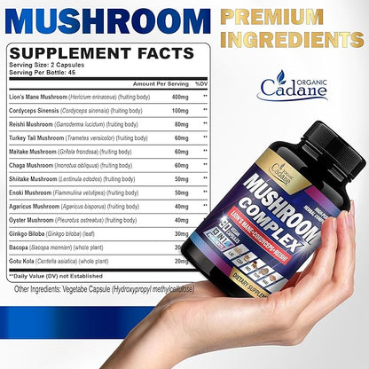 Cadane Mushroom Complex Supplements - 13in1 Concentrated with Lions Mane, Cordyceps Sinensis, Reishi, Turkey Tail Mushroom, Maitake, Chaga, Shiitake, Enoki, Agaricus, Oyster & More - 90 Vegan Capsules