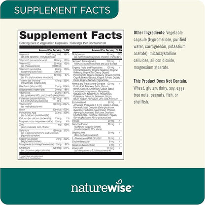 NatureWise Multivitamin for Men + Stress Support + Fulvic Ionic Minerals + Probiotics for Immunity, Male Health, Digestion + Whole Organic Foods - Vegetarian, Non-GMO - 60 Capsules[1-Month Supply]