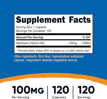 Nutricost Vitamin B2 (Riboflavin) 100mg, 120 Capsules - Gluten Free and Non-GMO