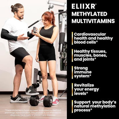 Eliixr Methylated Multivitamin Supplement for Men and Women with Active Methyl B12 and 5-MTHF Methylfolate 90 Vegetable Capsules Iron Free Made in The USA