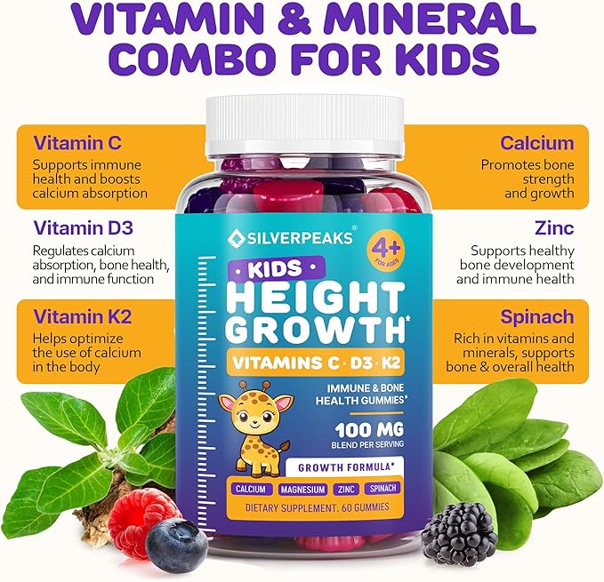 Height Growth Gummies for Kids - Growth Vitamins for Teens, Height Increase Multivitamin for Boys & Girls with Calcium Vitamin D C K2 Magnesium Zinc, Natural Height Growth Maximizer Supplement, 60 PCS