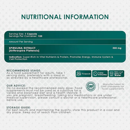 AMBROSIAL Spirulina Capsules 500 mg (Pack of 2-120 Capsules)