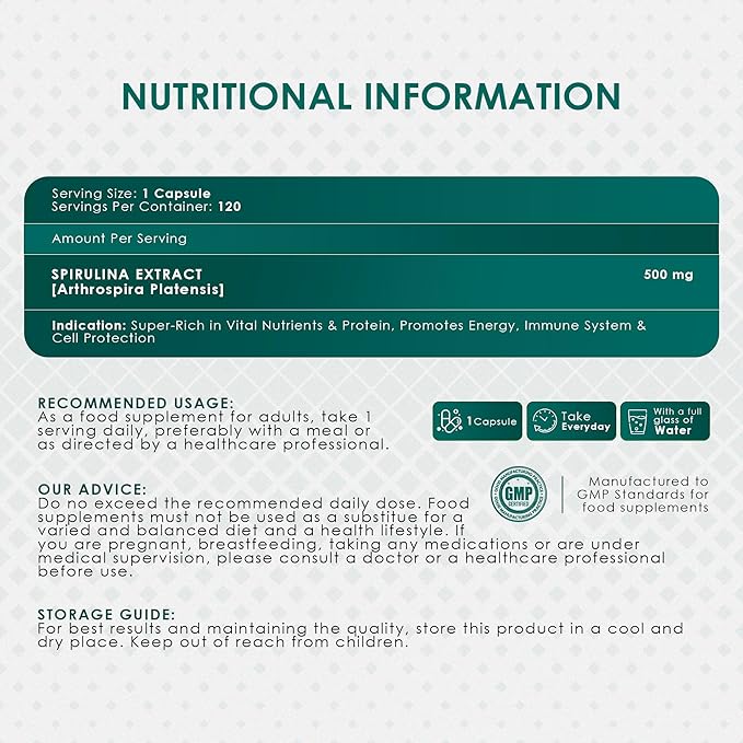 AMBROSIAL Spirulina Capsules 500 mg per (Pack of 1-120 Capsules)