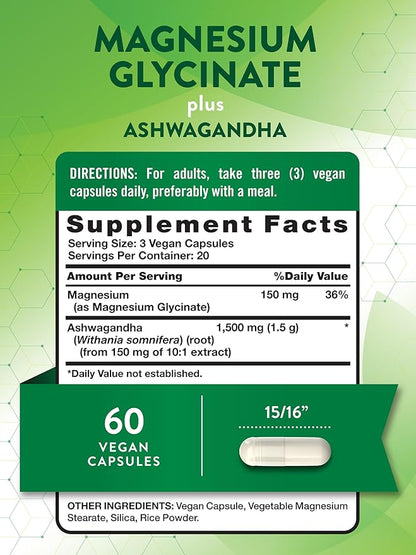 Nature's Truth Magnesium Glycinate with Ashwagandha | 60 Capsules | Vegan, Non-GMO & Gluten Free Supplement
